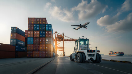 Global logistics hub with shipping containers, forklift, airplane, and cargo ship.