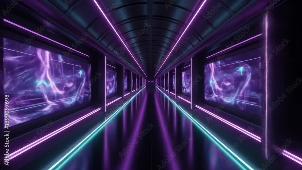 Fototapete futuristic neon tunnel with abstract patterns, creating a high-tech atmosphere for creative projects