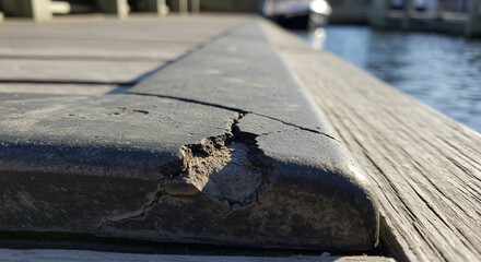 Cracked weathered edge of a wooden pier with a blurred boat on the water in the sunny background
