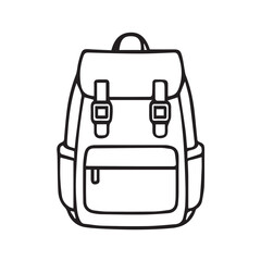 Minimalist vector artwork depicts a simple backpack, illustrated in black and white with strong outlines, perfect for posters, branding, travel graphics, or creative design projects.