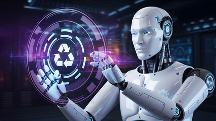 Futuristic robot interacting with recycling symbol, promoting sustainability concept