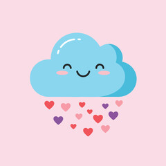 A blue cartoon cloud raining heart shapes on a pink background