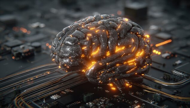 A metallic brain, glowing with orange light, rests atop a complex circuit board