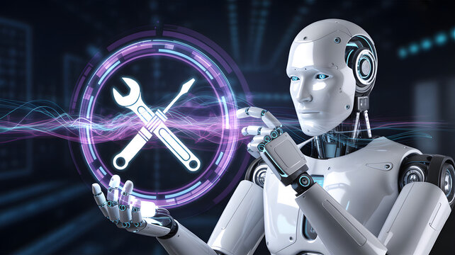 Futuristic AI robot presenting innovative tech support concept with digital tools