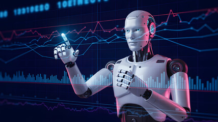 AI robot analyzing financial data on a digital interface, modern technology concept