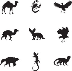 Obraz premium Desert Animals Silhouette Camel Scorpion Eagle Fennec Fox and Lizard dromedary arachnid