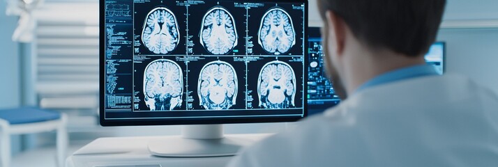 Medium wide shot of team of doctors collaborating with AI imaging system displaying real-time MRI scans.
