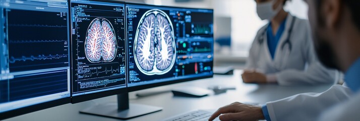 Medium wide shot of team of doctors collaborating with AI imaging system displaying real-time MRI scans.