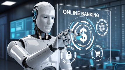 AI robot interacting with online banking interface, modern finance technology concept