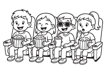 Vector representation of four children watching film in a cinema hall, rendered in minimalist monochrome style with thick black outlines, perfect for design projects.