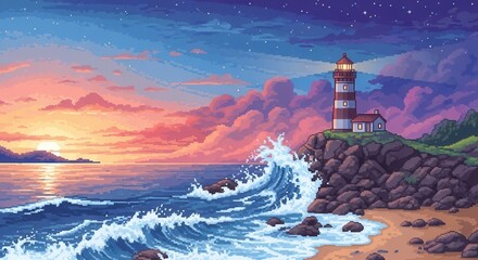 Pixelated lighthouse scenery with ocean wave at sunset colorful style