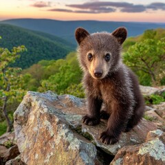 Fototapeta premium A captivating young bear cub, full of life, sits on a rocky outcrop, gazing directly at the camera, against a backdrop of misty mountain ridges at sunrise.