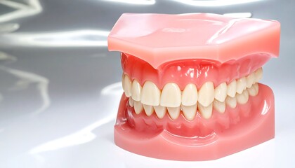 Obraz premium A detailed model of human teeth and gums presented on a plain, light background.