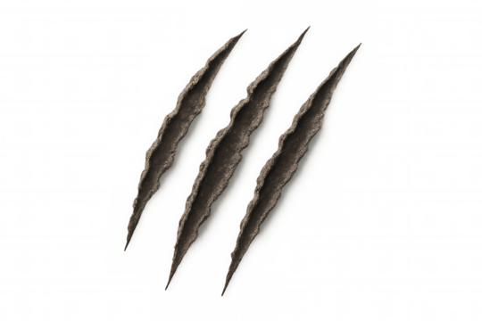 Sharp parallel claw marks scoring wood surface, revealing deep gouging against clean backdrop