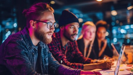 Young professionals collaborating on project focused teamwork creative workspace modern office diverse group technology innovation night work