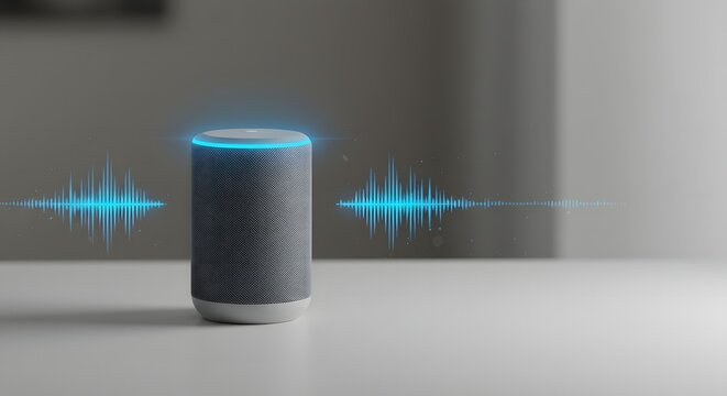 Futuristic smart home device with glowing interface and audio waveform, illustrating voice recognition and artificial intelligence technology