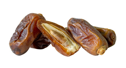 Ripe dried date palm fruits witth half in stack isolated with clipping path in png format Concept...