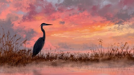 Obraz premium Majestic heron standing gracefully in wetland at sunrise, vibrant sky, peaceful atmosphere, nature, bird, water reflection
