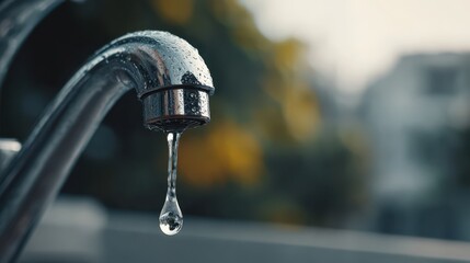 Close-up of a shiny metal faucet with a single droplet of water falling from its tip, showing detail of condensation and blur of outdoor greenery in the background