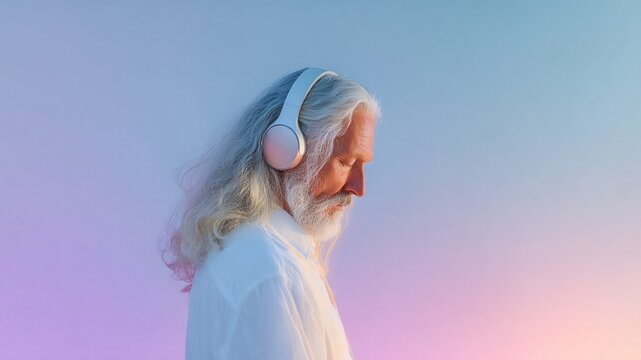Serene senior man with long gray hair and beard wearing headphones, enjoying music against pastel gradient background