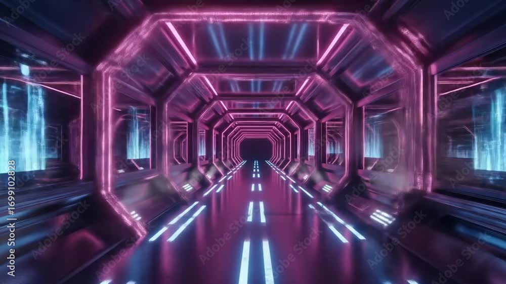 Poster futuristic technology tunnel with neon lights and data streams visualization