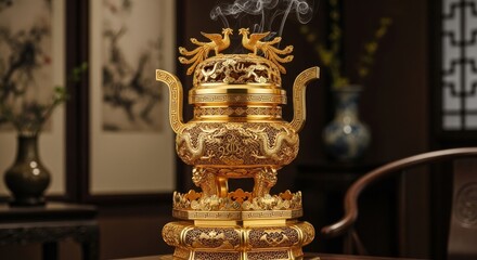 Exquisite golden incense burner with mythical birds, ornate design