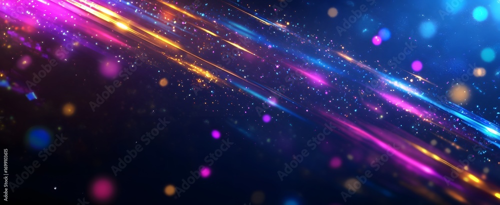 Poster vibrant streaks of multicolored light radiate across a dark backdrop, dotted with shimmering particl