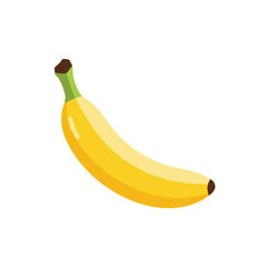 A stylized yellow banana with green stem on a white background
