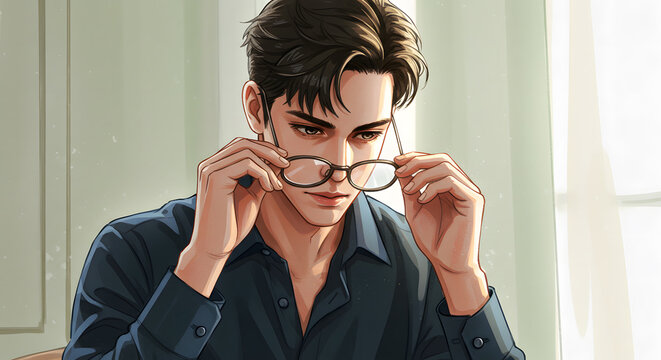 Stylish man with tousled hair holding glasses near face, watercolor illustration style