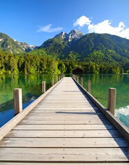 Serene wooden pier leading to a mountain lake