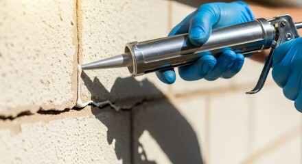 Man in blue gloves sealing crack in building wall with caulk to prevent pest entry. Home maintenance and insect protection.
