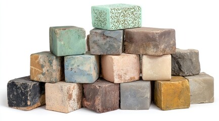 Stacked, colorful, square blocks, arranged in a pyramid. Atop is a decorative mint-green block