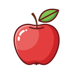 A red apple with a stem and a green leaf on a white background