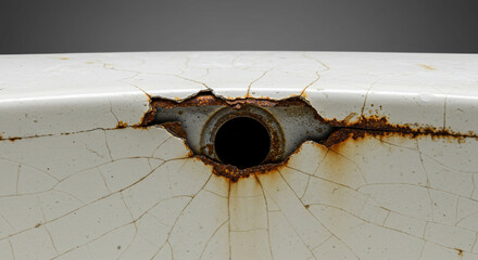 Close-up of cracked white surface with deep rust and a dark circular hole, conveying decay and damage