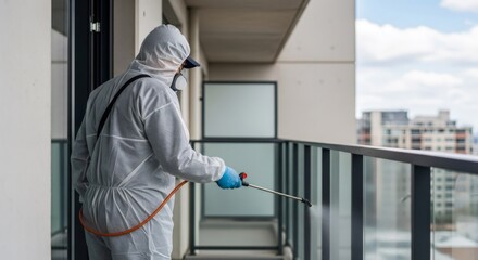 Male pest control worker in protective suit spraying chemicals on balcony to disinfect against insects and various pests for home protection.