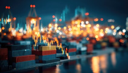 Shipping containers at a port at night, overlaid with financial charts