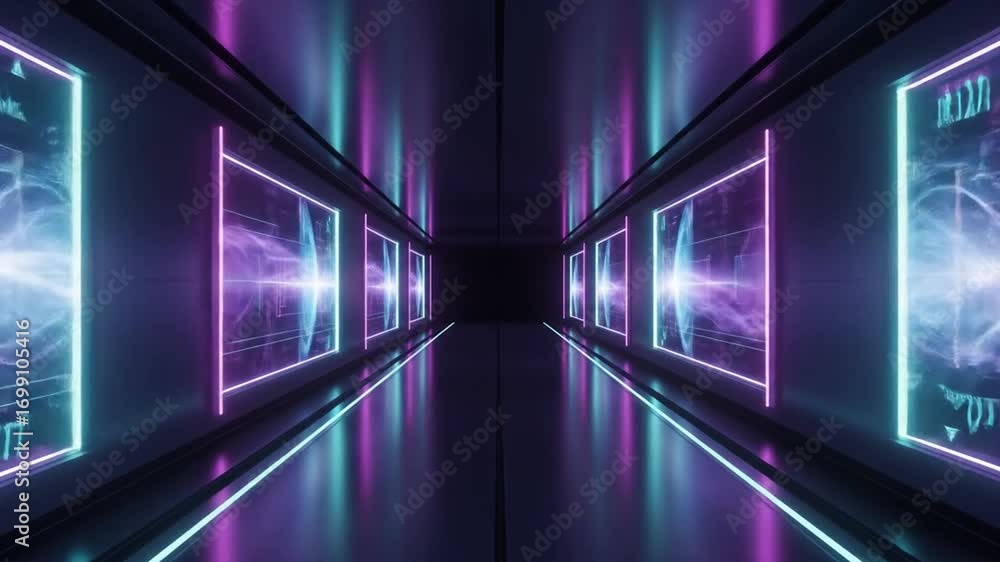 Poster futuristic neon tunnel with sci-fi data display for technology and science projects