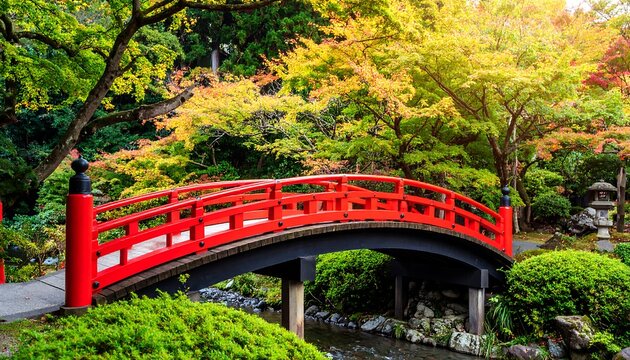 Red bridge over a stream in a vibrant autumn garden