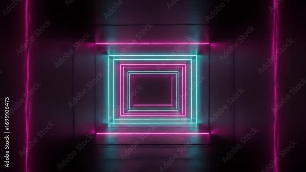 Poster neon square tunnel loop abstract background, modern hallway motion graphics 3d render minimal 50
