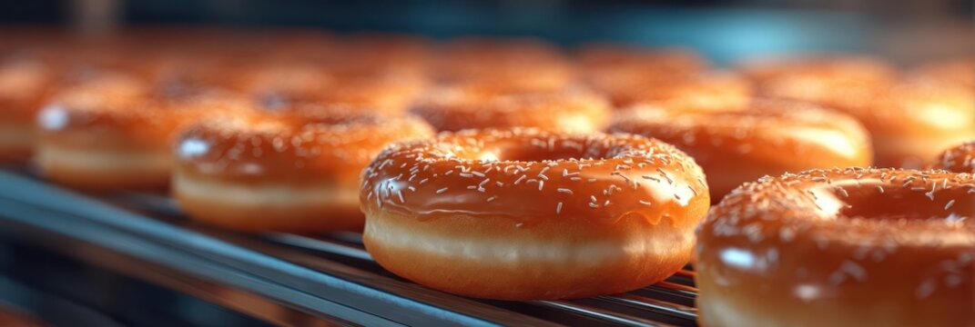 Freshly made glazed donuts cooling on a rack in a bakery during morning hours