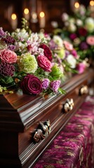 Emotional flower arrangement atop a casket during a memorial service in a solemn setting