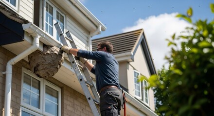 Fototapeta premium Man exterminator on ladder eliminating huge wasp nest from house gutter. Pest control service and insect removal concept.