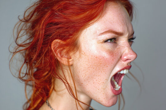 Close up portrait of a redhead woman shouting with mouth wide open, freckled skin and wind swept hair; dramatic expression and bold lighting fill the frame. - Powered by Adobe