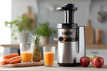 Modern juicer on kitchen counter with fresh juice