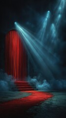 Dramatic theater entrance with red curtains and fog creating a mysterious atmosphere at night