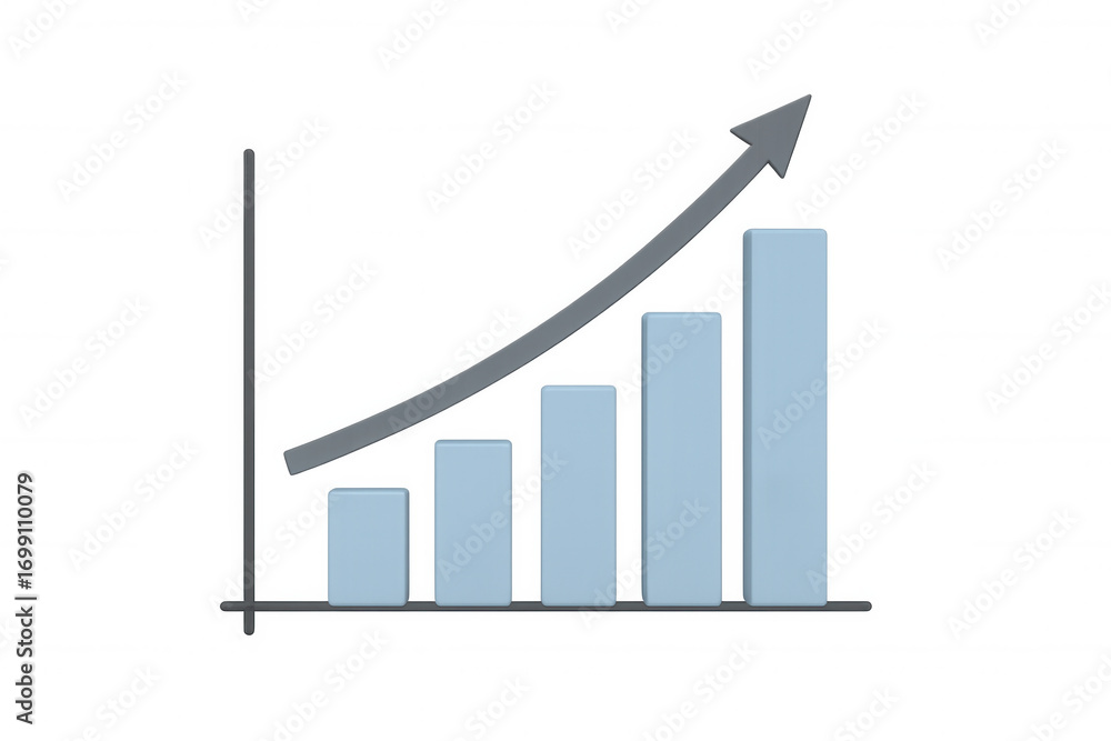 Poster 3d bar graph is growing with an upward arrow, showing positive growth on a transparent background