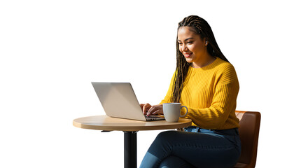 Woman working on laptop at a cafe