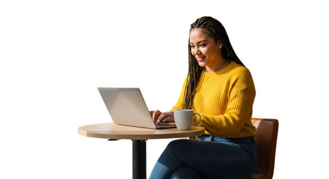 Woman working on laptop at a cafe