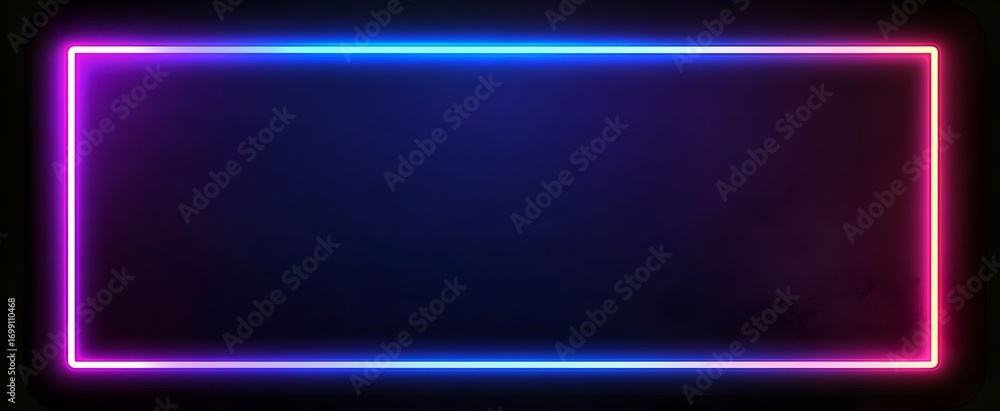 Poster a vibrant neon rectangle frame with a gradient of blue and pink, against a dark backdrop, creating a