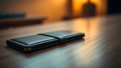 A sleek wallet lies on a wooden surface, highlighted by warm ambient lighting in a minimalist setting.